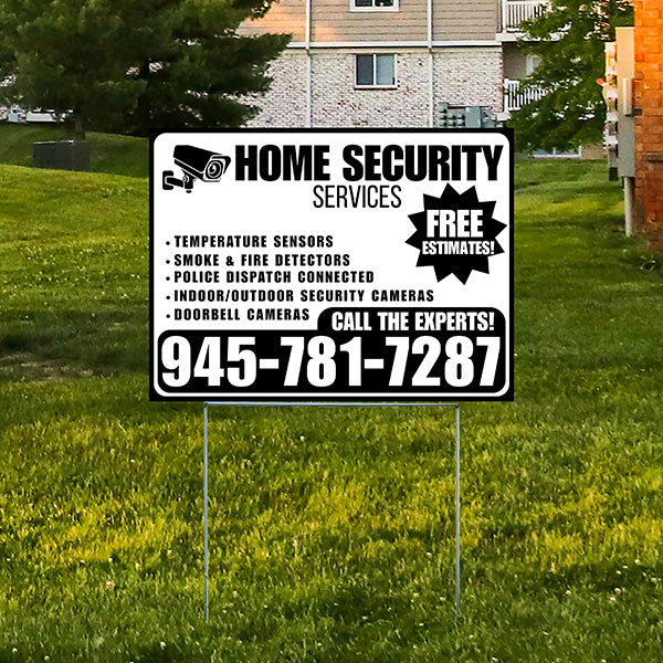 Home Security Services - Temperature Sensors, Smoke & Fire Detectors, Police Dispatch Connected, Indoor/Outdoor Security Cameras, Doorbell Cameras - Free Estimates - Plain White Black Design - YardSigns.com