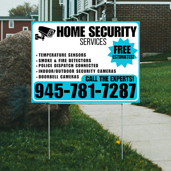 Home Security Services - Temperature Sensors, Smoke & Fire Detectors, Police Dispatch Connected, Indoor/Outdoor Security Cameras, Doorbell Cameras - Free Estimates - Plain White Aqua Blue Design - YardSigns.com