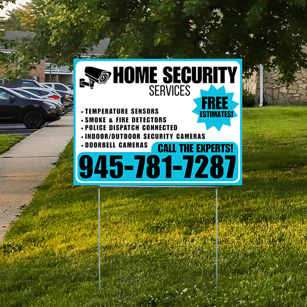 Home Security Services - Temperature Sensors, Smoke & Fire Detectors, Police Dispatch Connected, Indoor/Outdoor Security Cameras, Doorbell Cameras - Free Estimates - Plain White Aqua Blue Design - YardSigns.com