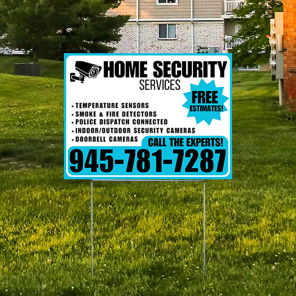 Home Security Services - Temperature Sensors, Smoke & Fire Detectors, Police Dispatch Connected, Indoor/Outdoor Security Cameras, Doorbell Cameras - Free Estimates - Plain White Aqua Blue Design - YardSigns.com