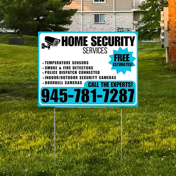 Home Security Services - Temperature Sensors, Smoke & Fire Detectors, Police Dispatch Connected, Indoor/Outdoor Security Cameras, Doorbell Cameras - Free Estimates - Plain White Aqua Blue Design - YardSigns.com