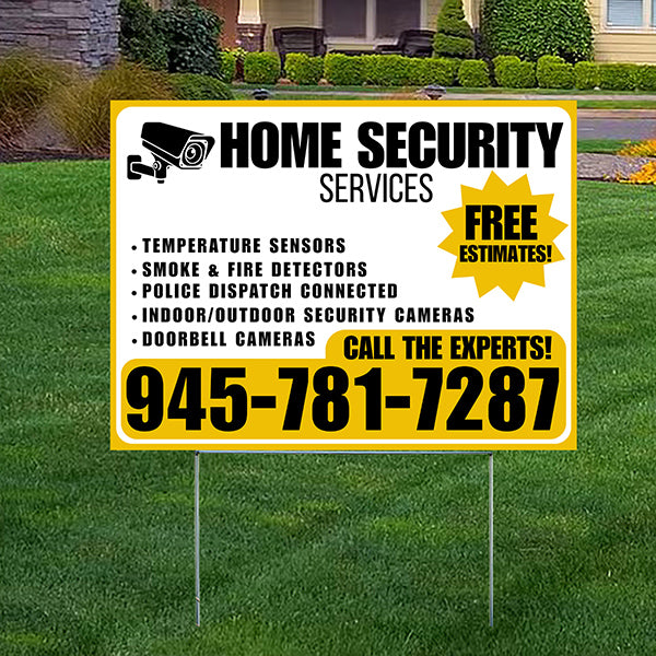 Home Security Services - Temperature Sensors, Smoke & Fire Detectors, Police Dispatch Connected, Indoor/Outdoor Security Cameras, Doorbell Cameras - Free Estimates - Plain White Mustard Gold Design - YardSigns.com
