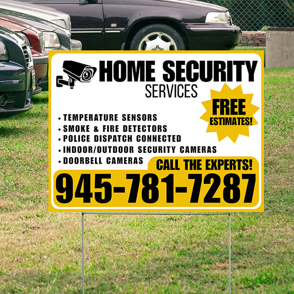 Home Security Services - Temperature Sensors, Smoke & Fire Detectors, Police Dispatch Connected, Indoor/Outdoor Security Cameras, Doorbell Cameras - Free Estimates - Plain White Mustard Gold Design - YardSigns.com