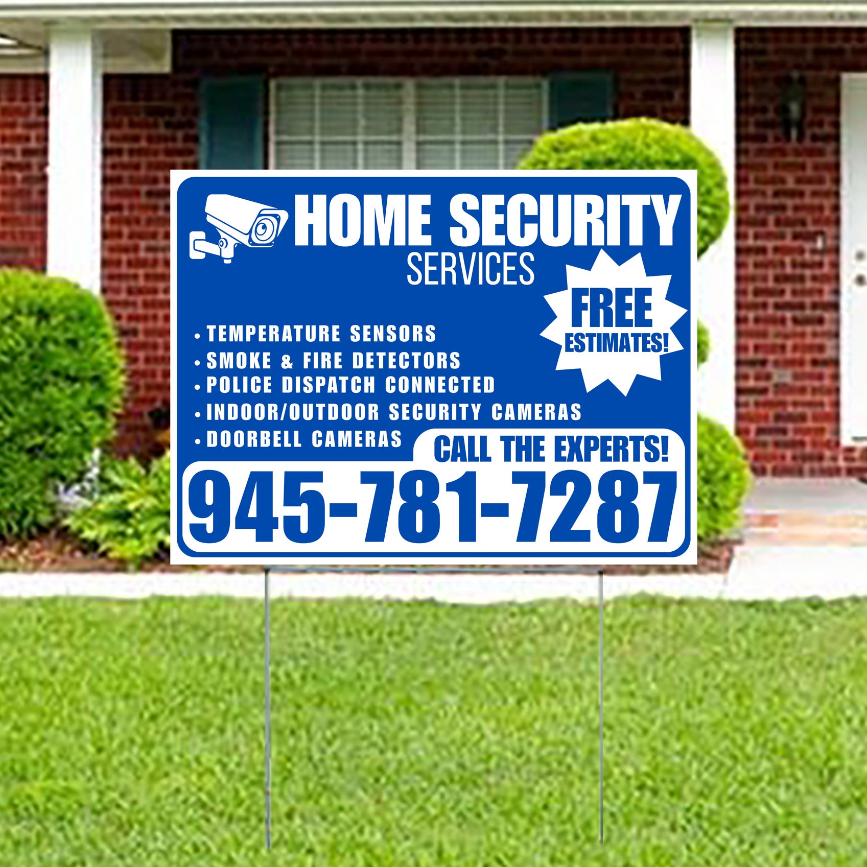 Home Security Services - Temperature Sensors, Smoke & Fire Detectors, Police Dispatch Connected, Indoor/Outdoor Security Cameras, Doorbell Cameras - Free Estimates - Plain Blue White Design - YardSigns.com