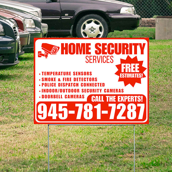 Home Security Services - Temperature Sensors, Smoke & Fire Detectors, Police Dispatch Connected, Indoor/Outdoor Security Cameras, Doorbell Cameras - Free Estimates - Plain White Chili Red Design - YardSigns.com