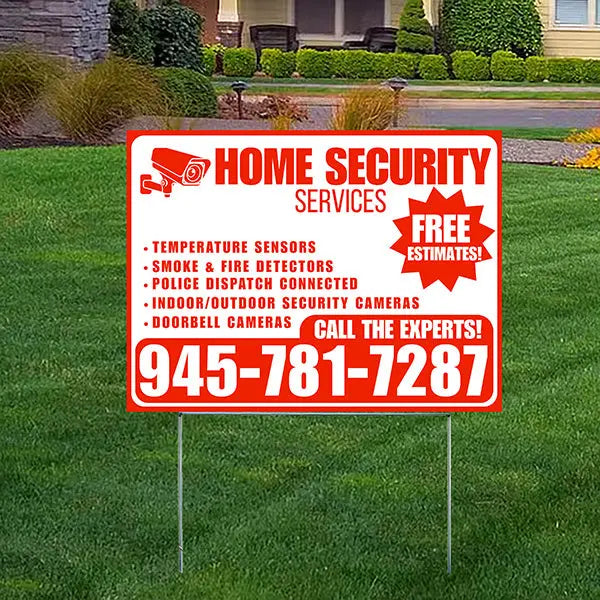 Home Security Services - Temperature Sensors, Smoke & Fire Detectors, Police Dispatch Connected, Indoor/Outdoor Security Cameras, Doorbell Cameras - Free Estimates - Plain White Chili Red Design - YardSigns.com