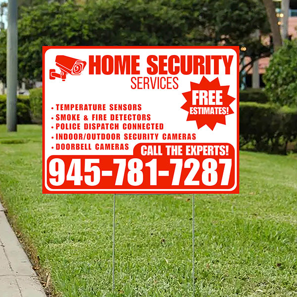 Home Security Services - Temperature Sensors, Smoke & Fire Detectors, Police Dispatch Connected, Indoor/Outdoor Security Cameras, Doorbell Cameras - Free Estimates - Plain White Chili Red Design - YardSigns.com