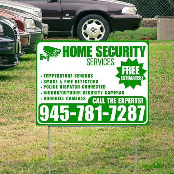 Home Security Services - Temperature Sensors, Smoke & Fire Detectors, Police Dispatch Connected, Indoor/Outdoor Security Cameras, Doorbell Cameras - Free Estimates - Plain White Green Design - YardSigns.com