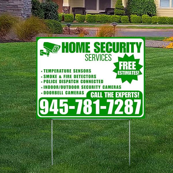 Home Security Services - Temperature Sensors, Smoke & Fire Detectors, Police Dispatch Connected, Indoor/Outdoor Security Cameras, Doorbell Cameras - Free Estimates - Plain White Green Design - YardSigns.com
