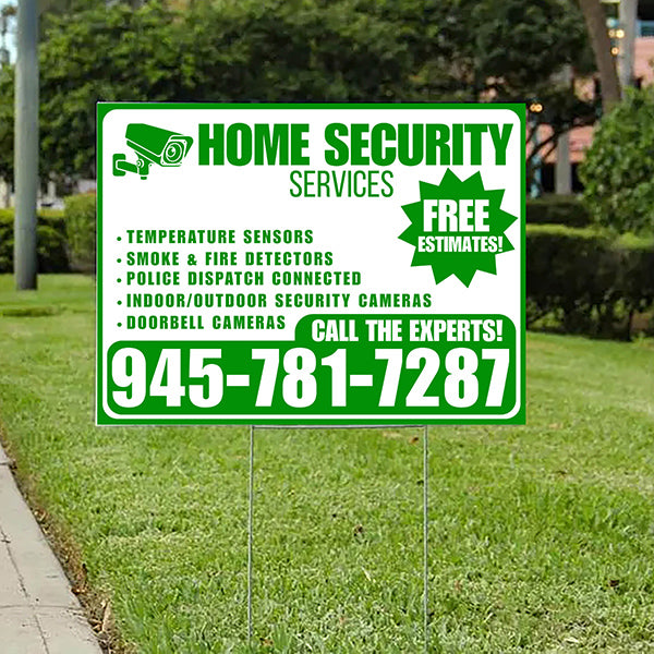 Home Security Services - Temperature Sensors, Smoke & Fire Detectors, Police Dispatch Connected, Indoor/Outdoor Security Cameras, Doorbell Cameras - Free Estimates - Plain White Green Design - YardSigns.com