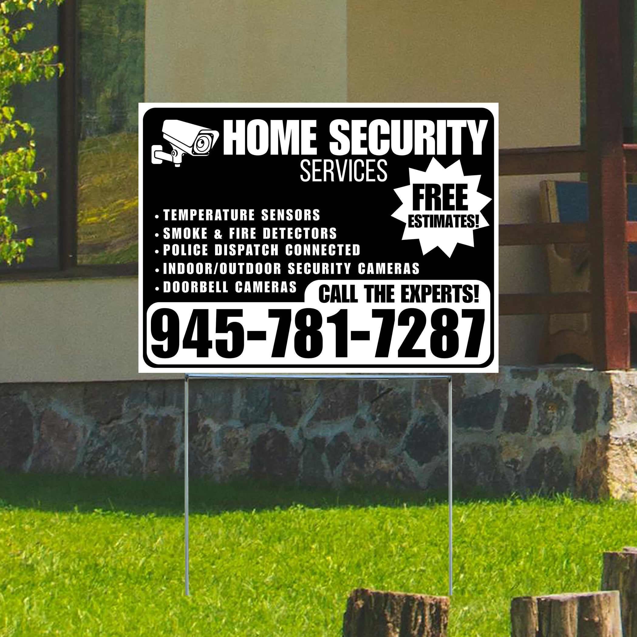 Home Security Services - Temperature Sensors, Smoke & Fire Detectors, Police Dispatch Connected, Indoor/Outdoor Security Cameras, Doorbell Cameras - Free Estimates - Plain Black White Design - YardSigns.com