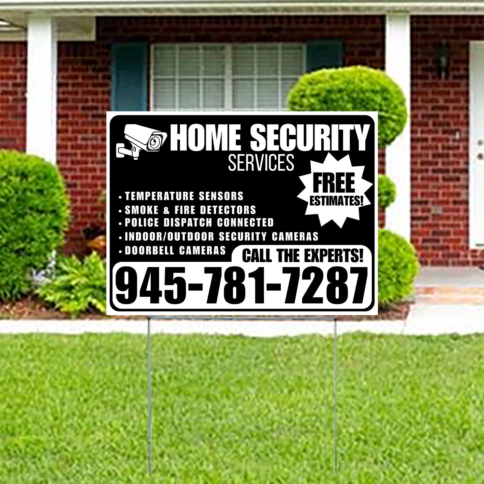 Home Security Services - Temperature Sensors, Smoke & Fire Detectors, Police Dispatch Connected, Indoor/Outdoor Security Cameras, Doorbell Cameras - Free Estimates - Plain Black White Design - YardSigns.com