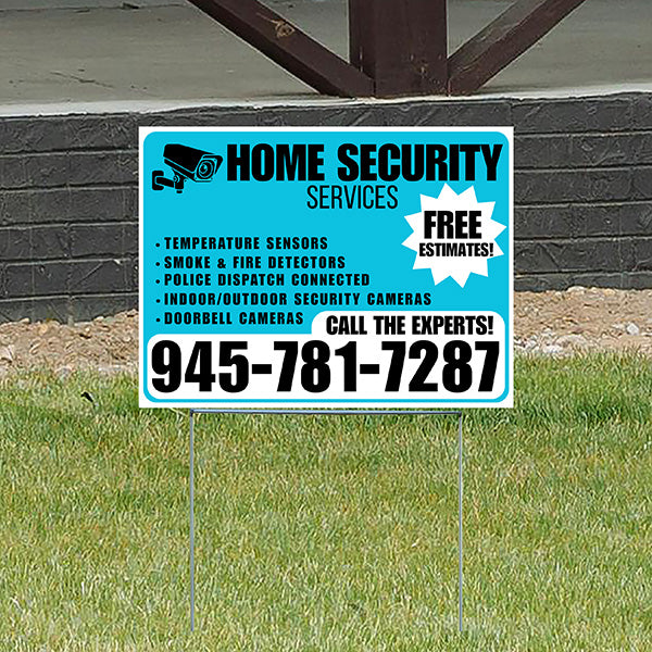 Home Security Services - Temperature Sensors, Smoke & Fire Detectors, Police Dispatch Connected, Indoor/Outdoor Security Cameras, Doorbell Cameras - Free Estimates - Plain Aqua Blue White Design - YardSigns.com