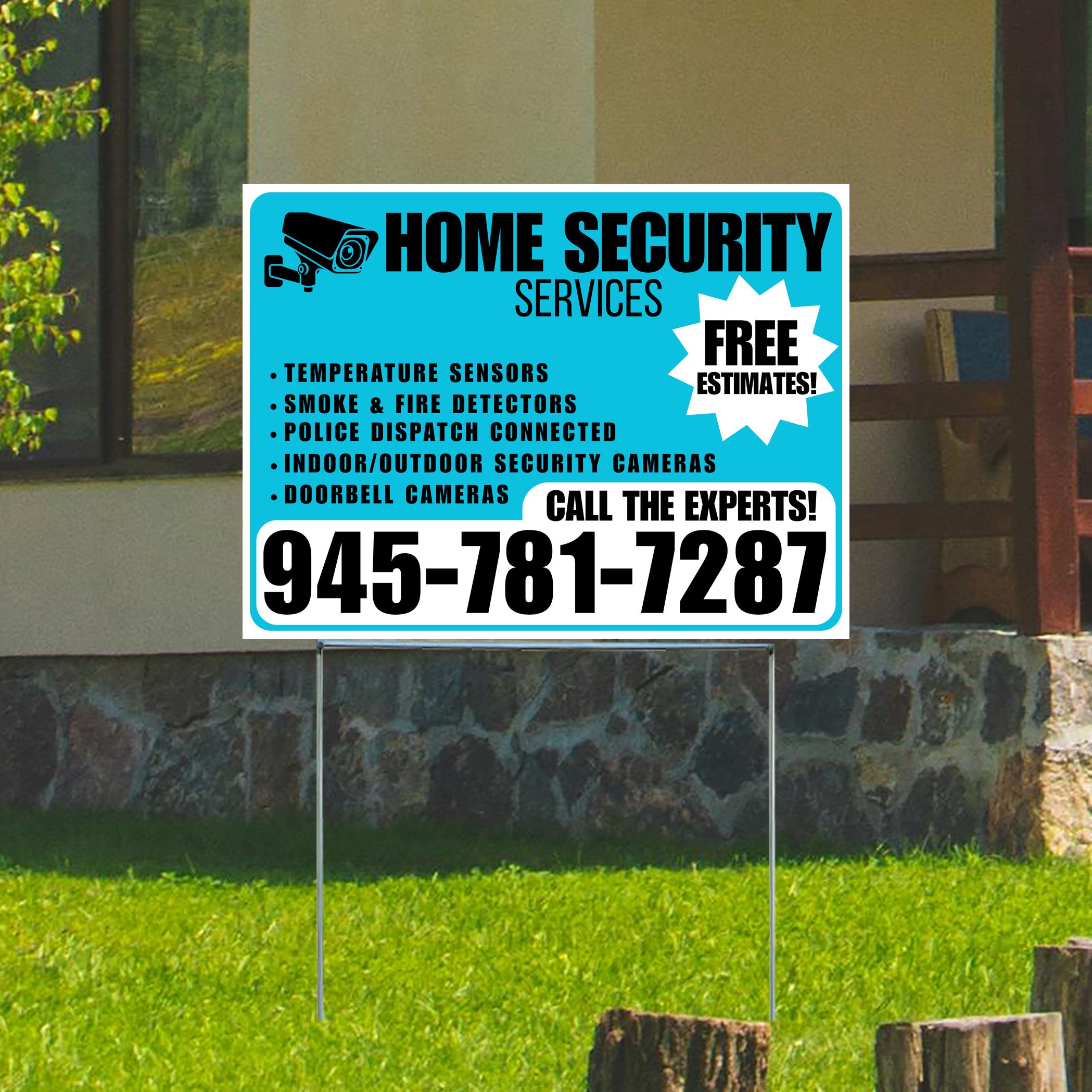 Home Security Services - Temperature Sensors, Smoke & Fire Detectors, Police Dispatch Connected, Indoor/Outdoor Security Cameras, Doorbell Cameras - Free Estimates - Plain Aqua Blue White Design - YardSigns.com