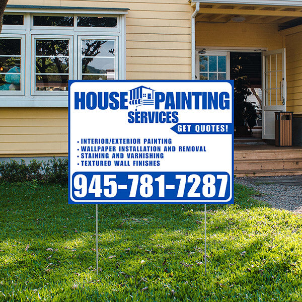 Painters Sign - Interior/Exterior Painting, Wallpaper Installation and Removal, Staining and Varnishing, Textured Wall Finishes with Get Quotes - Plain Blue White Design - YardSigns.com