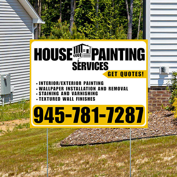 Painters Sign - Interior/Exterior Painting, Wallpaper Installation and Removal, Staining and Varnishing, Textured Wall Finishes with Get Quotes - Plain Mustard Gold White Design - YardSigns.com