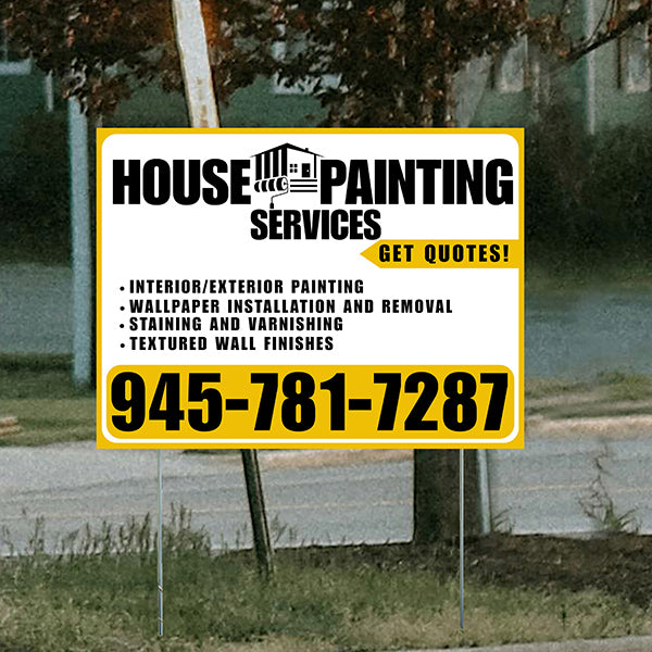 Painters Sign - Interior/Exterior Painting, Wallpaper Installation and Removal, Staining and Varnishing, Textured Wall Finishes with Get Quotes - Plain Mustard Gold White Design - YardSigns.com