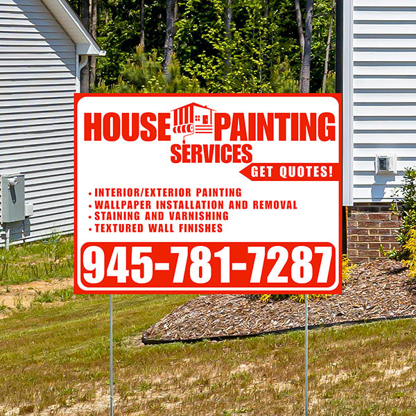 Painters Sign - Interior/Exterior Painting, Wallpaper Installation and Removal, Staining and Varnishing, Textured Wall Finishes with Get Quotes - Plain Chili Red White Design - YardSigns.com