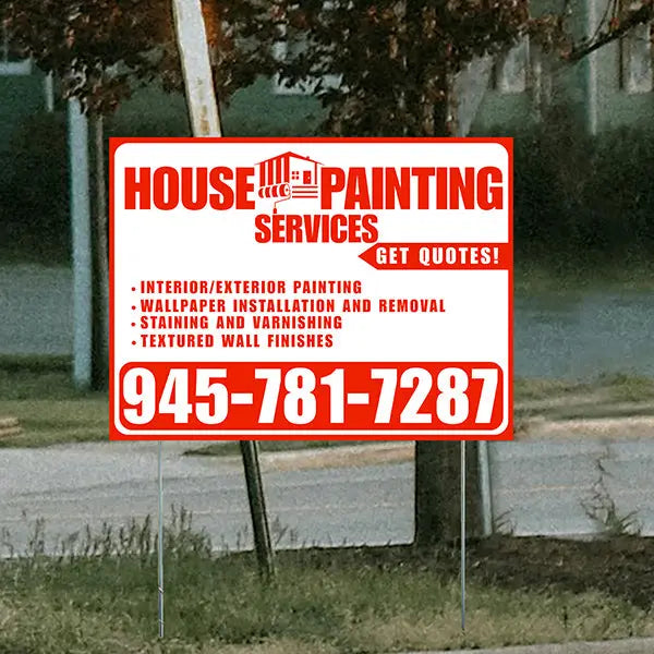 Painters Sign - Interior/Exterior Painting, Wallpaper Installation and Removal, Staining and Varnishing, Textured Wall Finishes with Get Quotes - Plain White Chili Red Design YardSigns.com
