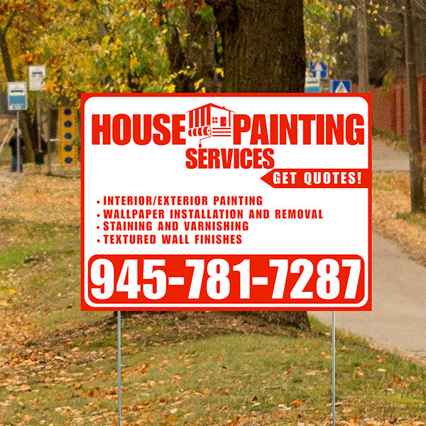 Painters Sign - Interior/Exterior Painting, Wallpaper Installation and Removal, Staining and Varnishing, Textured Wall Finishes with Get Quotes - Plain Chili Red White Design - YardSigns.com