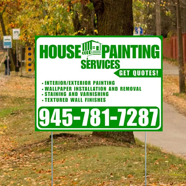 Painters Sign - Interior/Exterior Painting, Wallpaper Installation and Removal, Staining and Varnishing, Textured Wall Finishes with Get Quotes - Plain White Green Design YardSigns.com