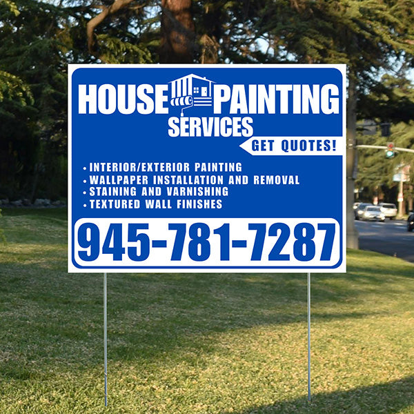 Painters Sign - Interior/Exterior Painting, Wallpaper Installation and Removal, Staining and Varnishing, Textured Wall Finishes with Get Quotes - Plain White Blue Design - YardSigns.com