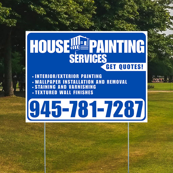 Painters Sign - Interior/Exterior Painting, Wallpaper Installation and Removal, Staining and Varnishing, Textured Wall Finishes with Get Quotes - Plain White Blue Design - YardSigns.com