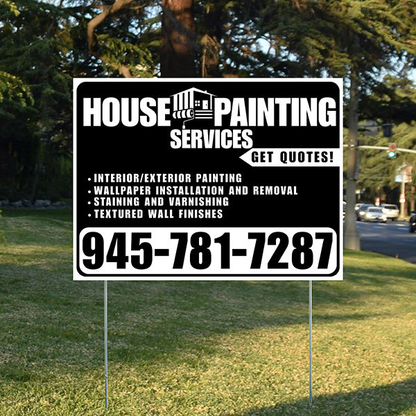 Painters Sign - Interior/Exterior Painting, Wallpaper Installation and Removal, Staining and Varnishing, Textured Wall Finishes with Get Quotes - Plain White Black Design - YardSigns.com