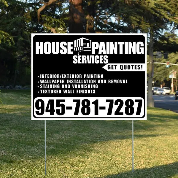 Painters Sign - Interior/Exterior Painting, Wallpaper Installation and Removal, Staining and Varnishing, Textured Wall Finishes with Get Quotes - Plain Black White Design YardSigns.com
