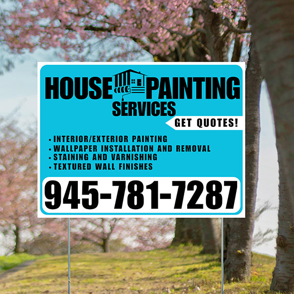 Painters Sign - Interior/Exterior Painting, Wallpaper Installation and Removal, Staining and Varnishing, Textured Wall Finishes with Get Quotes - Plain White Aqua Blue Design - YardSigns.com