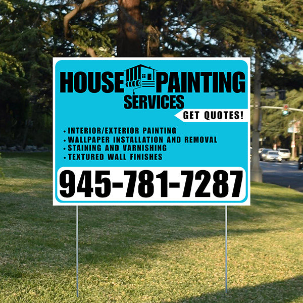 Painters Sign - Interior/Exterior Painting, Wallpaper Installation and Removal, Staining and Varnishing, Textured Wall Finishes with Get Quotes - Plain White Aqua Blue Design - YardSigns.com