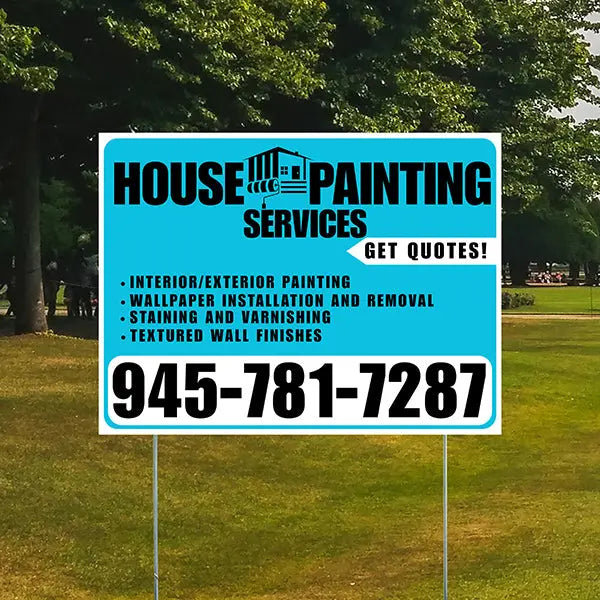 Painters Sign - Interior/Exterior Painting, Wallpaper Installation and Removal, Staining and Varnishing, Textured Wall Finishes with Get Quotes - Plain Aqua Blue White Design YardSigns.com