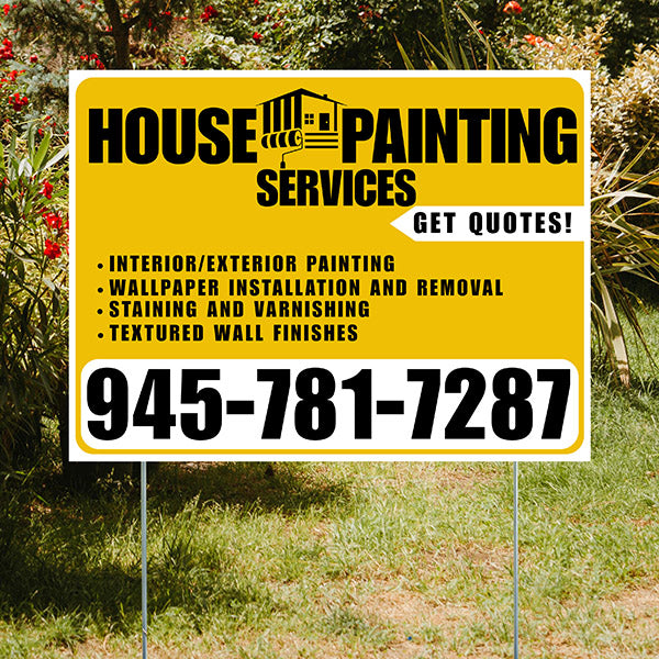 Painters Sign - Interior/Exterior Painting, Wallpaper Installation and Removal, Staining and Varnishing, Textured Wall Finishes with Get Quotes - Plain White Mustard Gold Design - YardSigns.com