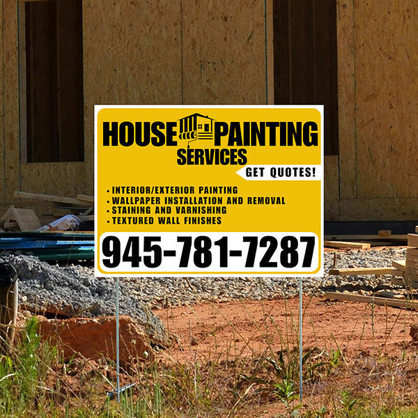 Painters Sign - Interior/Exterior Painting, Wallpaper Installation and Removal, Staining and Varnishing, Textured Wall Finishes with Get Quotes - Plain White Mustard Gold Design - YardSigns.com
