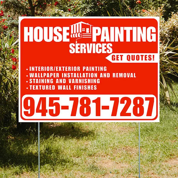 Painters Sign - Interior/Exterior Painting, Wallpaper Installation and Removal, Staining and Varnishing, Textured Wall Finishes with Get Quotes - Plain Chili Red White Design YardSigns.com