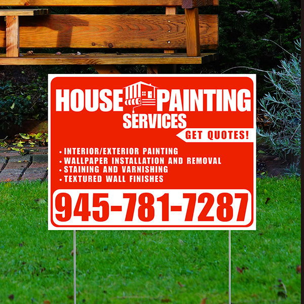 Painters Sign - Interior/Exterior Painting, Wallpaper Installation and Removal, Staining and Varnishing, Textured Wall Finishes with Get Quotes - Plain White Chili Red Design - YardSigns.com