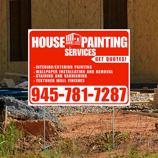 Painters Sign - Interior/Exterior Painting, Wallpaper Installation and Removal, Staining and Varnishing, Textured Wall Finishes with Get Quotes - Plain White Chili Red Design - YardSigns.com