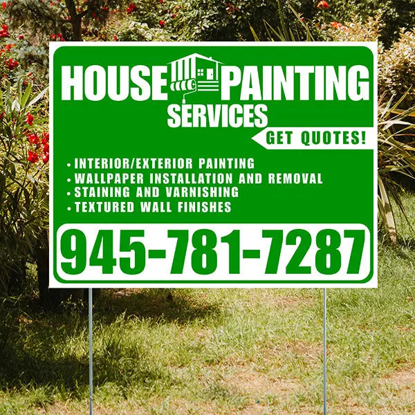 Painters Sign - Interior/Exterior Painting, Wallpaper Installation and Removal, Staining and Varnishing, Textured Wall Finishes with Get Quotes - Plain Green White Design YardSigns.com