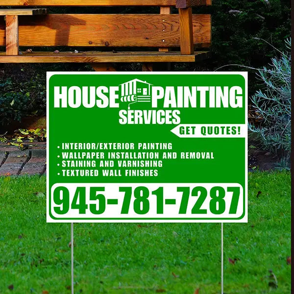 Painters Sign - Interior/Exterior Painting, Wallpaper Installation and Removal, Staining and Varnishing, Textured Wall Finishes with Get Quotes - Plain Green White Design YardSigns.com