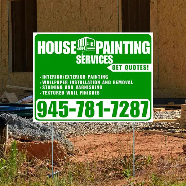 Painters Sign - Interior/Exterior Painting, Wallpaper Installation and Removal, Staining and Varnishing, Textured Wall Finishes with Get Quotes - Plain Green White Design YardSigns.com