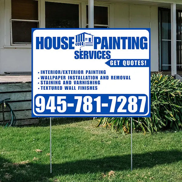Painters Sign - Interior/Exterior Painting, Wallpaper Installation and Removal, Staining and Varnishing, Textured Wall Finishes with Get Quotes - Plain White Blue Design YardSigns.com