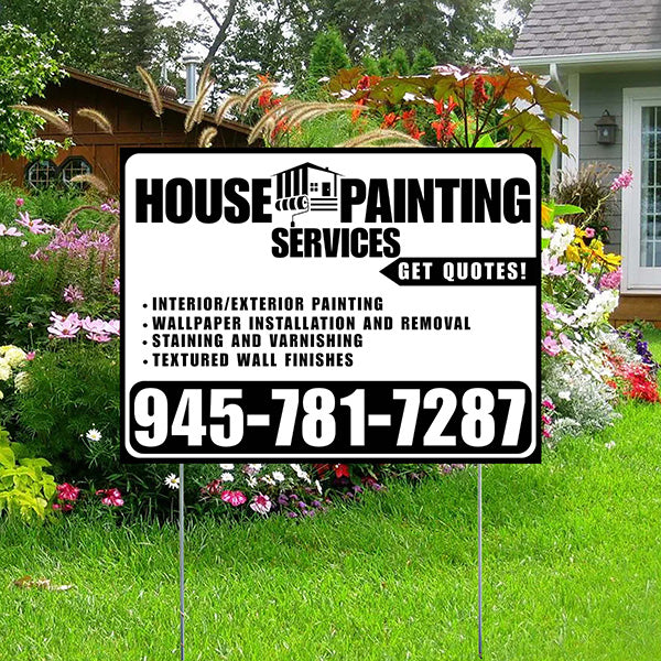 Painters Sign - Interior/Exterior Painting, Wallpaper Installation and Removal, Staining and Varnishing, Textured Wall Finishes with Get Quotes - Plain Black White Design - YardSigns.com
