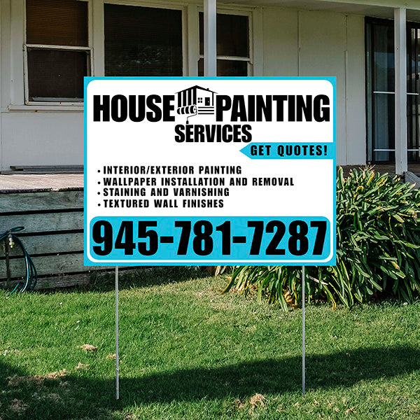 Painters Sign - Interior/Exterior Painting, Wallpaper Installation and Removal, Staining and Varnishing, Textured Wall Finishes with Get Quotes - Plain Aqua Blue White Design - YardSigns.com