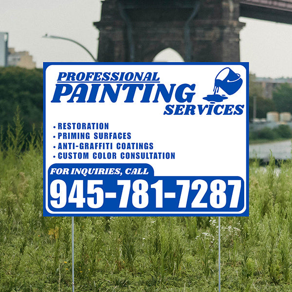 Painters Sign - Restoration, Priming surfaces, Anti-Graffiti Coatings, Custom Color Consultation - Plain White Blue Design