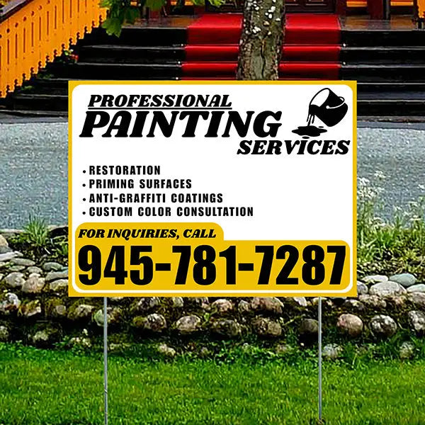 Painters Sign - Restoration, Priming surfaces, Anti-Graffiti Coatings, Custom Color Consultation - Plain White Mustard Gold Design YardSigns.com