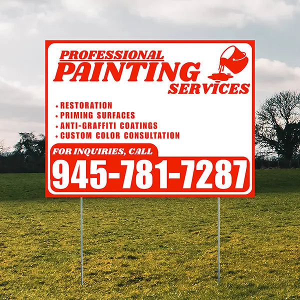 Painters Sign - Restoration, Priming surfaces, Anti-Graffiti Coatings, Custom Color Consultation - Plain White Chili Red Design YardSigns.com