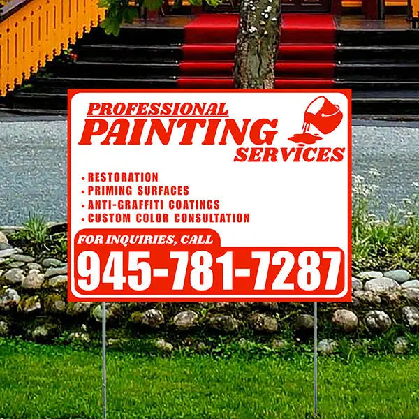Painters Sign - Restoration, Priming surfaces, Anti-Graffiti Coatings, Custom Color Consultation - Plain White Chili Red Design YardSigns.com
