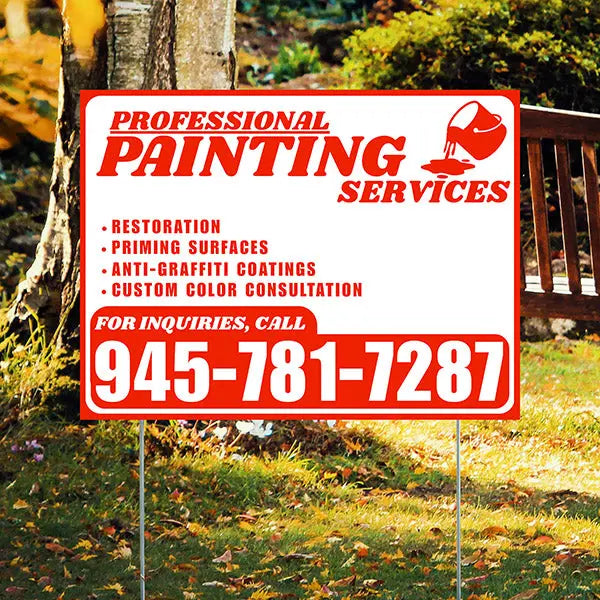 Painters Sign - Restoration, Priming surfaces, Anti-Graffiti Coatings, Custom Color Consultation - Plain White Chili Red Design YardSigns.com