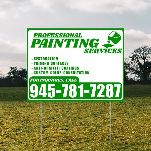 Painters Sign - Restoration, Priming surfaces, Anti-Graffiti Coatings, Custom Color Consultation - Plain White Green Design YardSigns.com
