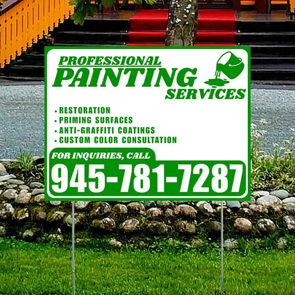 Painters Sign - Restoration, Priming surfaces, Anti-Graffiti Coatings, Custom Color Consultation - Plain White Green Design YardSigns.com